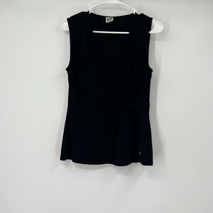 Anne Klein Womens Medium Sleeveless Y2K Faux Wrap Blouse Black Demure Classy